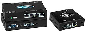 4-port VGA video + audio splitter/extender via CAT5, compact size